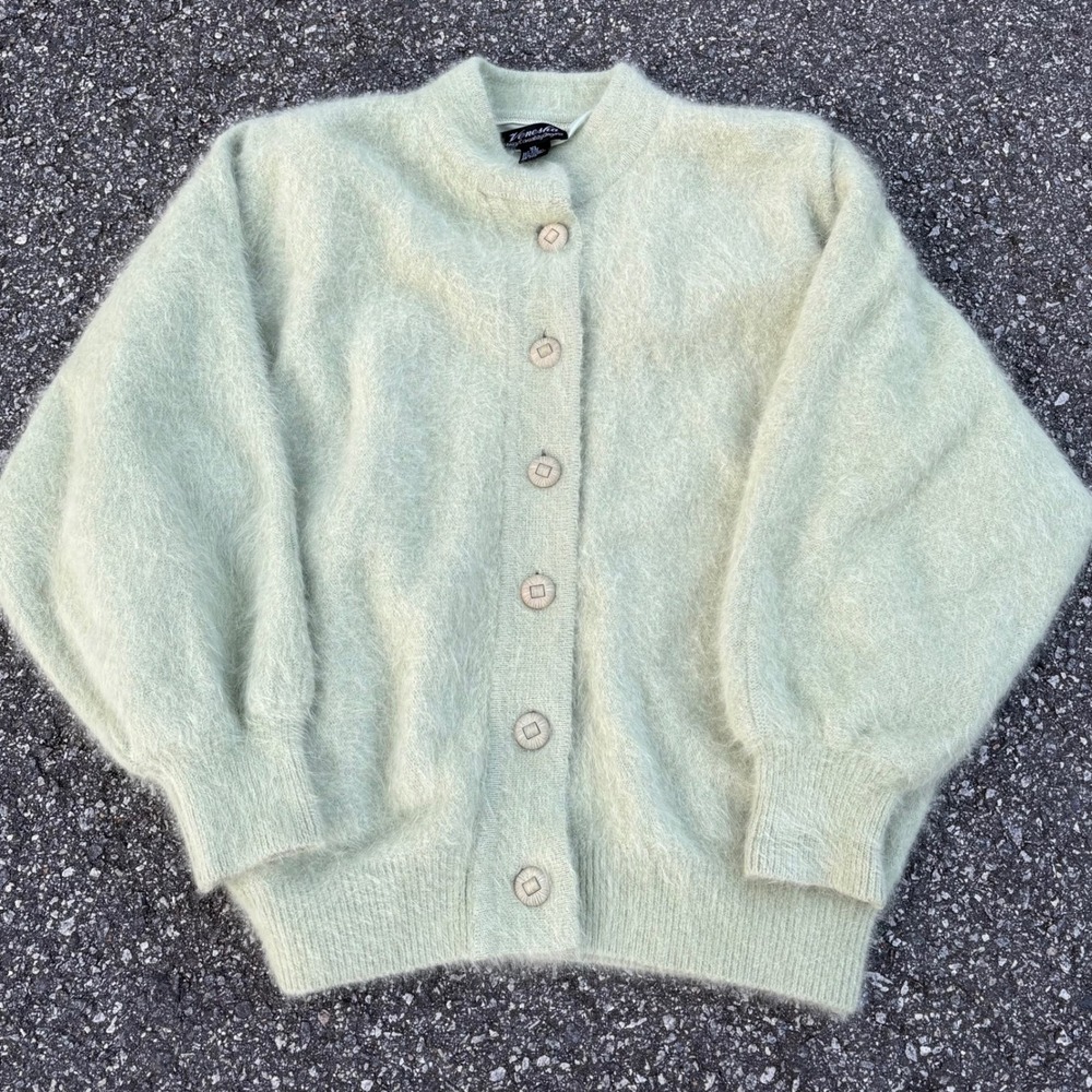 Venesha Vintage Angora Blend Fuzzy Cardigan Sweater Sage Green XL Korea Knit